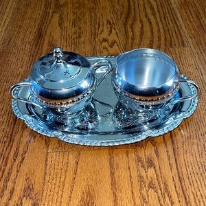 Vintage chrome sugar and creamer with tray